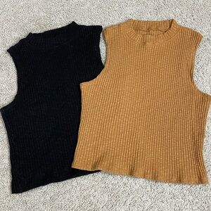 PAIR Women's BLACK & CAMEL Ribbed STRETCH Sleeveless CROPPED Mini TOPS Tanks